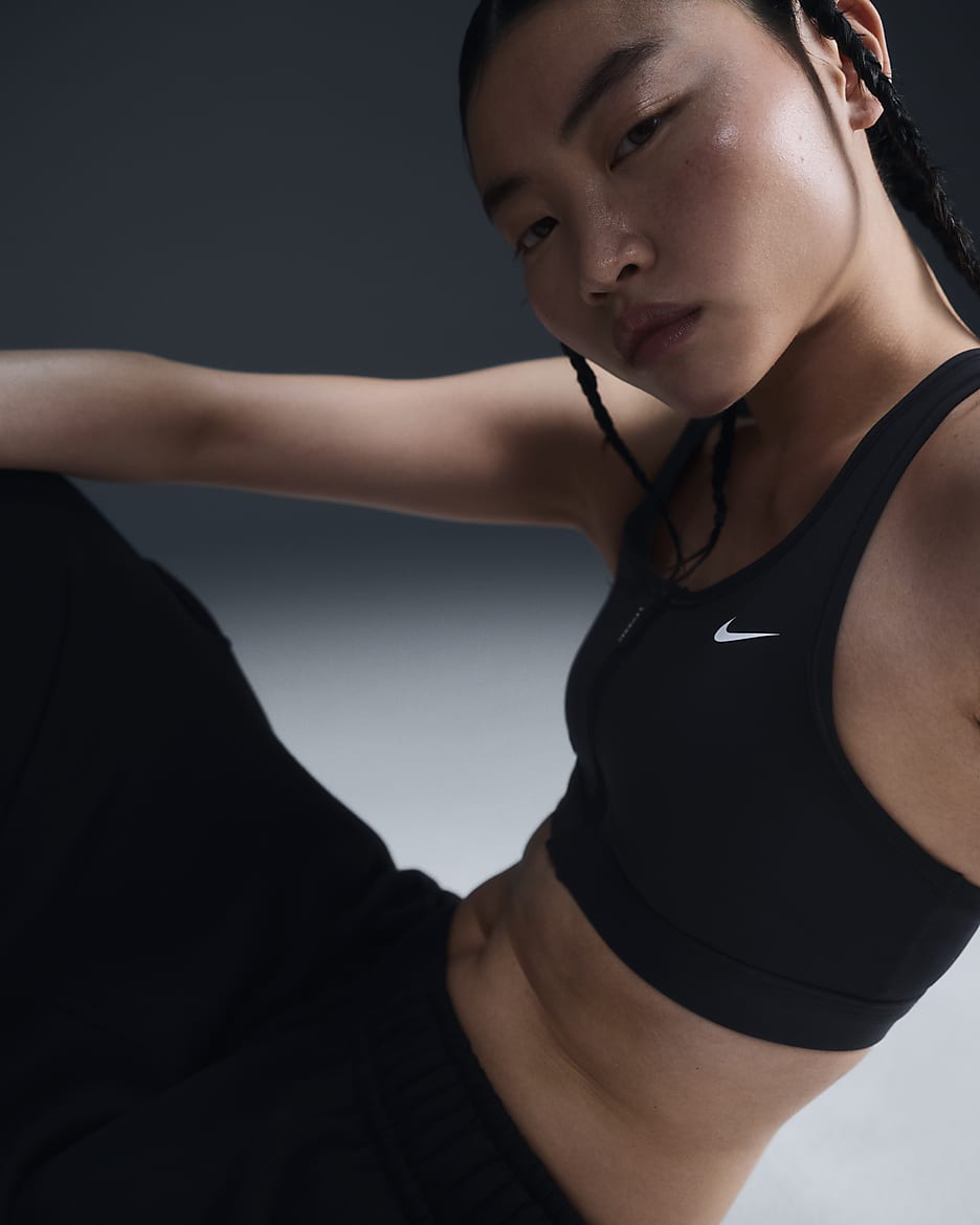 Bra imbottito a sostegno medio Nike Swoosh Front Zip – Donna - Nero/Nero/Bianco