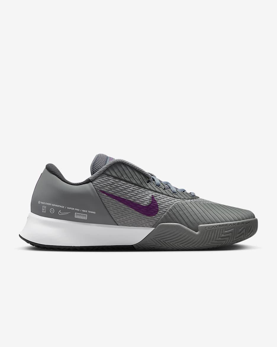 NikeCourt Air Zoom Vapor Pro 2 tennissko for grusbaner til herre - Smoke Grey/Dark Smoke Grey/Svart/Sangria