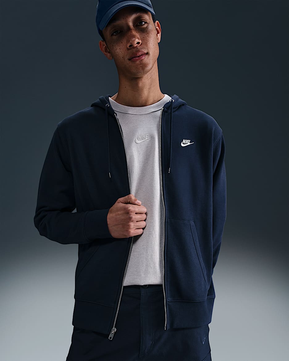 Nike Club Sudadera con capucha con cremallera completa de tejido French terry - Hombre - Obsidian/Obsidian/Blanco
