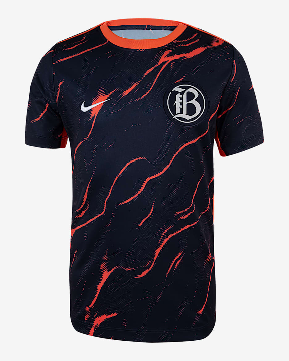 Bay FC 2025 Big Kids' Nike NWSL Short-Sleeve Pre-Match Top - Rush Coral/Obsidian