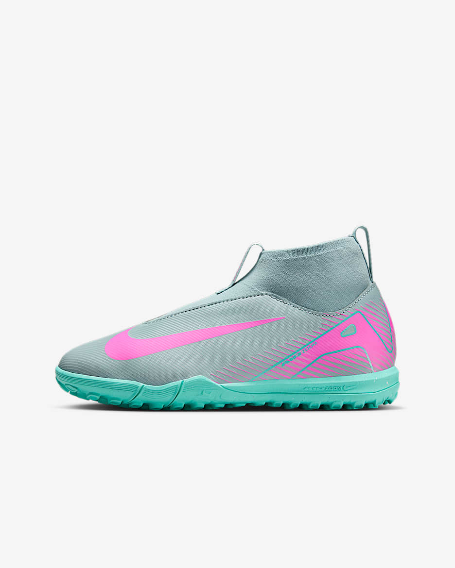 Tacos de fútbol TF de corte high para niños de preescolar y grandes Nike Jr. Mercurial Superfly 10 Academy - Cubo océano/Avalancha rosa