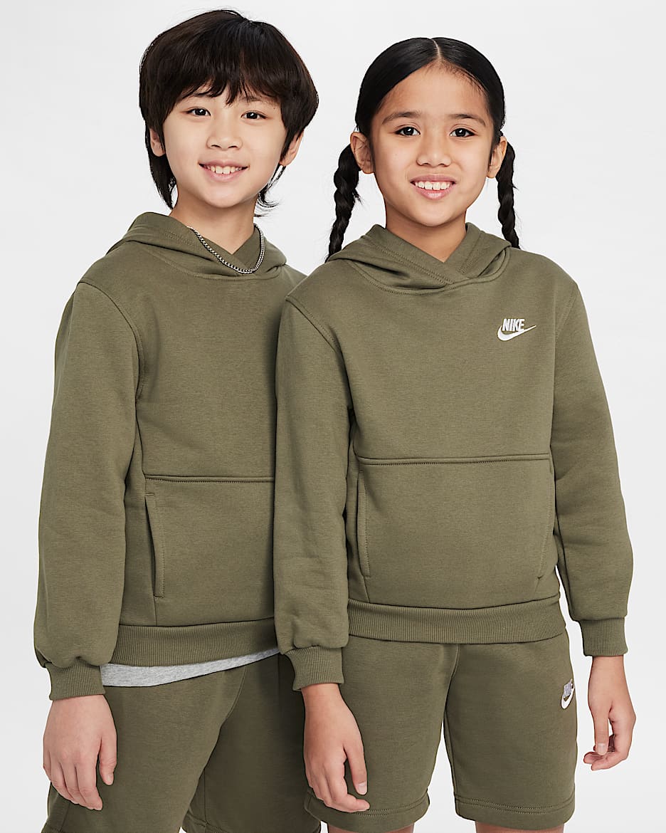 Nike Sportswear Club Fleece Big Kids' Pullover Hoodie - Medium Olive/White