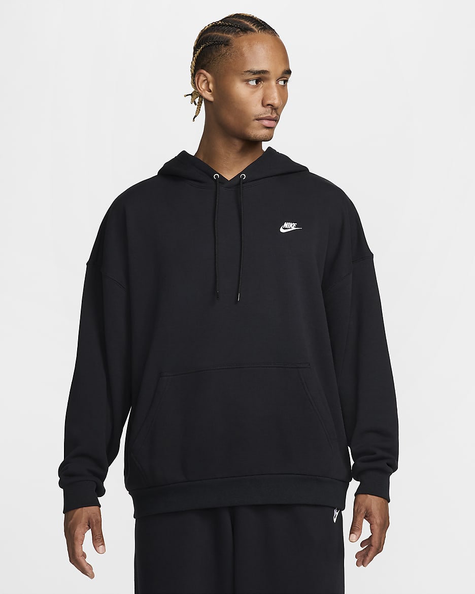 Nike Club Fleece Men's Oversized French Terry Pullover Hoodie - Black/Black/White