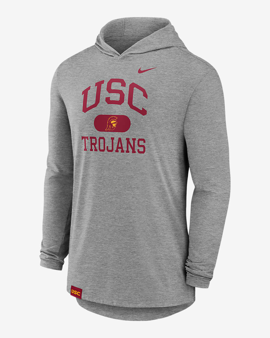 Playera de manga larga universitaria Nike Dri-FIT con gorro para hombre USC Trojans Blitz - Gris jaspeado