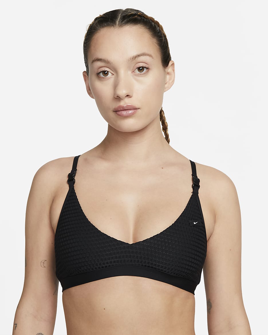 Prenda superior de traje de baño tipo bikini con cuello en V para mujer Nike - Negro