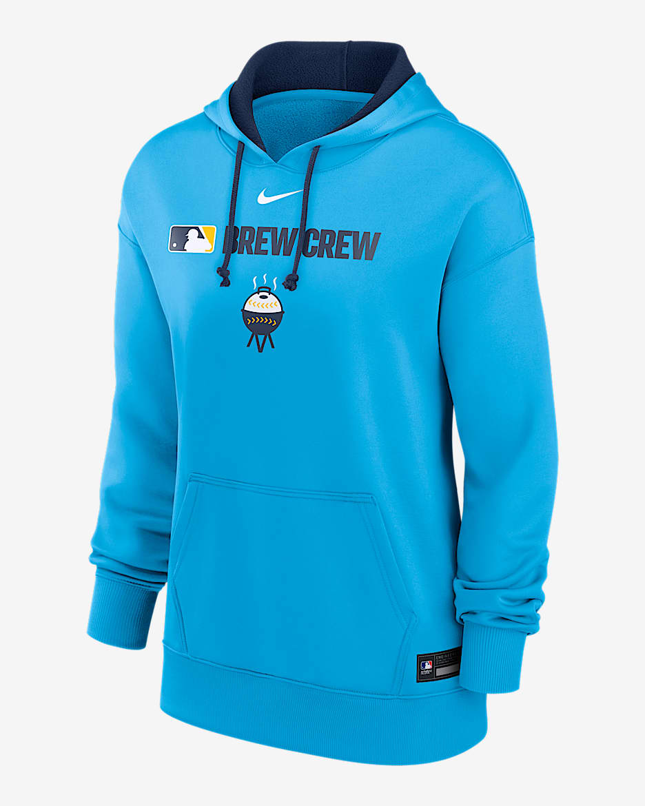 Sudadera con gorro sin cierre Nike Therma de la MLB para mujer Milwaukee Brewers Authentic Collection City Connect - Azul claro