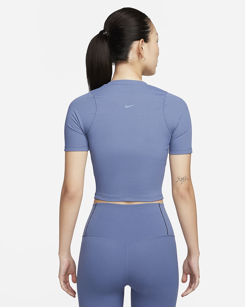 Nike Zenvy 羅紋女款 Dri-FIT 短袖短版上衣 - Diffused Blue/白色