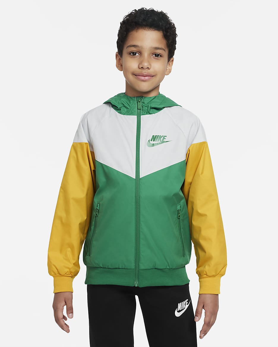 Nike Sportswear Windrunner Big Kids' (Boys') Loose Hip-Length Hooded Jacket - Malachite/Photon Dust/Yellow Ochre/Malachite