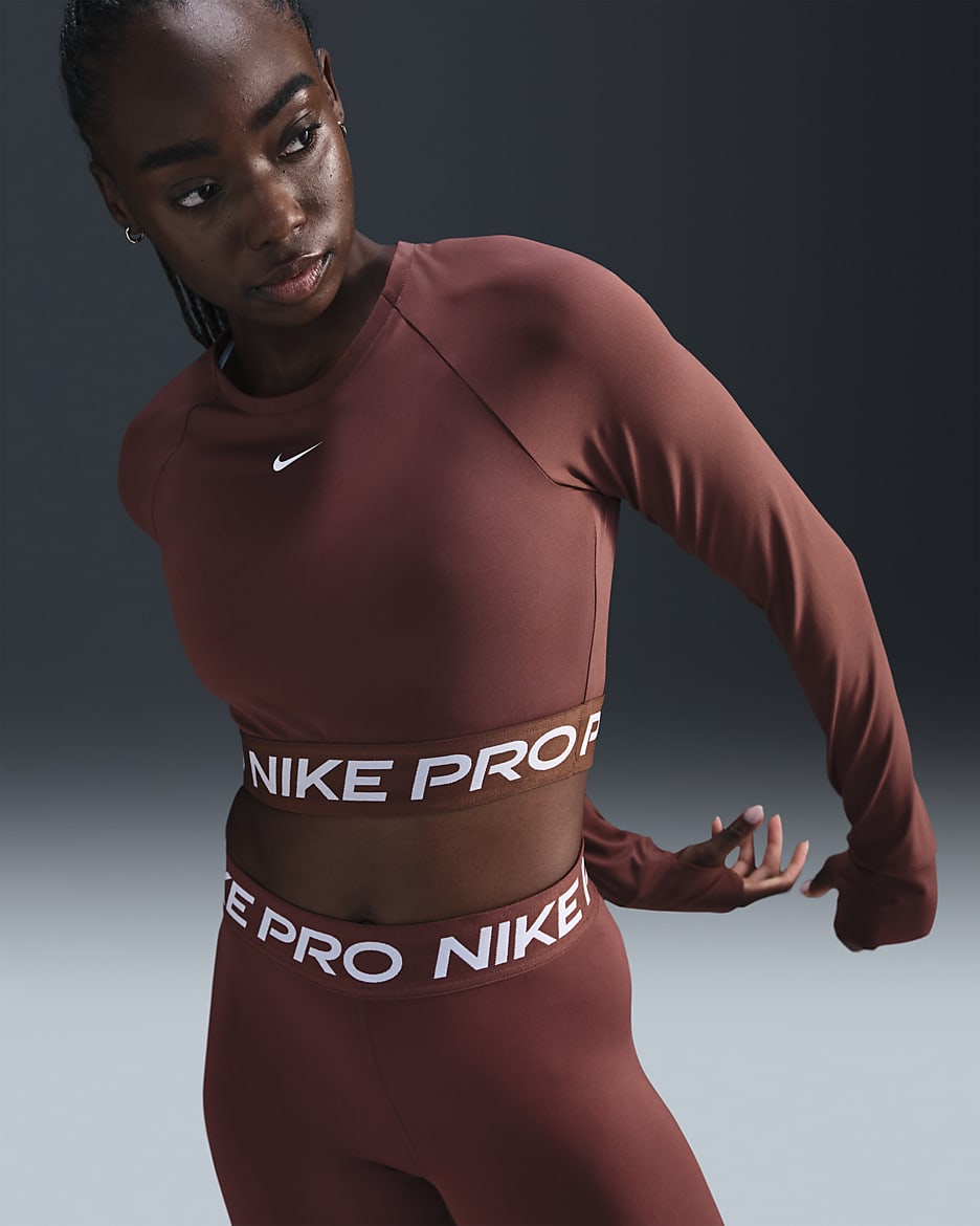 Damska koszulka o skróconym kroju z długim rękawem Dri-FIT Nike Pro - Red Sepia/Biel