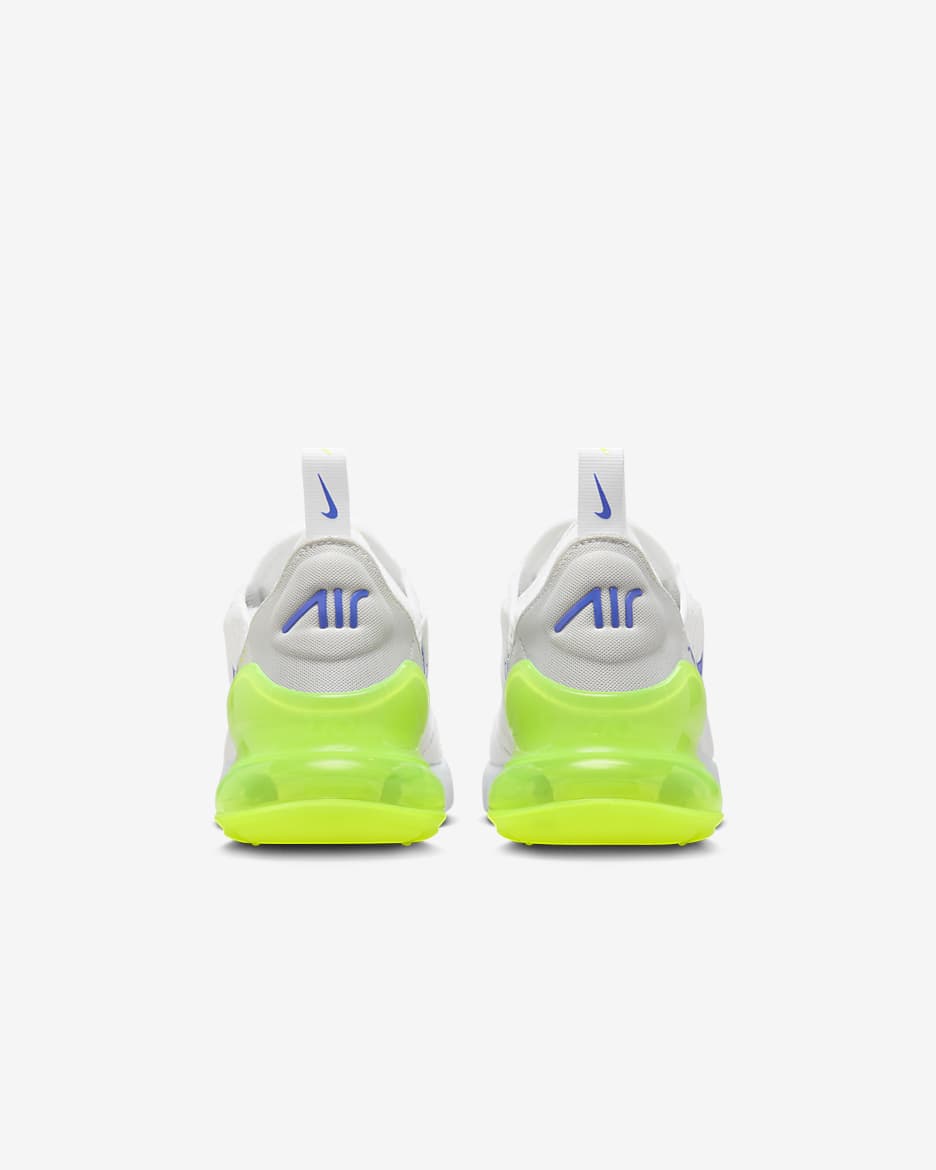 Tenis para niños grandes Nike Air Max 270 - Blanco/Volt/Polvo fotón/Azul astronómico