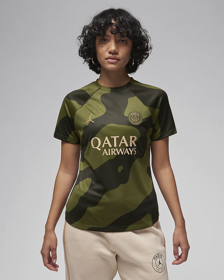 Quarta equipació París Saint-Germain Academy Pro Part superior Jordan Dri-FIT de futbol per a abans del partit - Dona - Rough Green/Sequoia/Dark Obsidian/Hemp