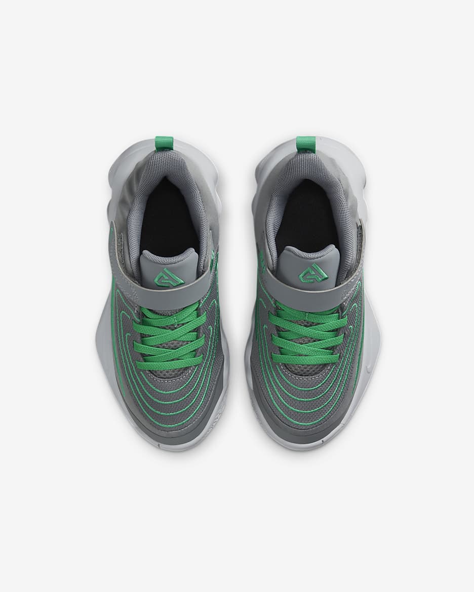 Tenis para niños de preescolar Giannis Immortality 4 - Gris humo/Gris lobo/Gris humo oscuro/Verde estadio