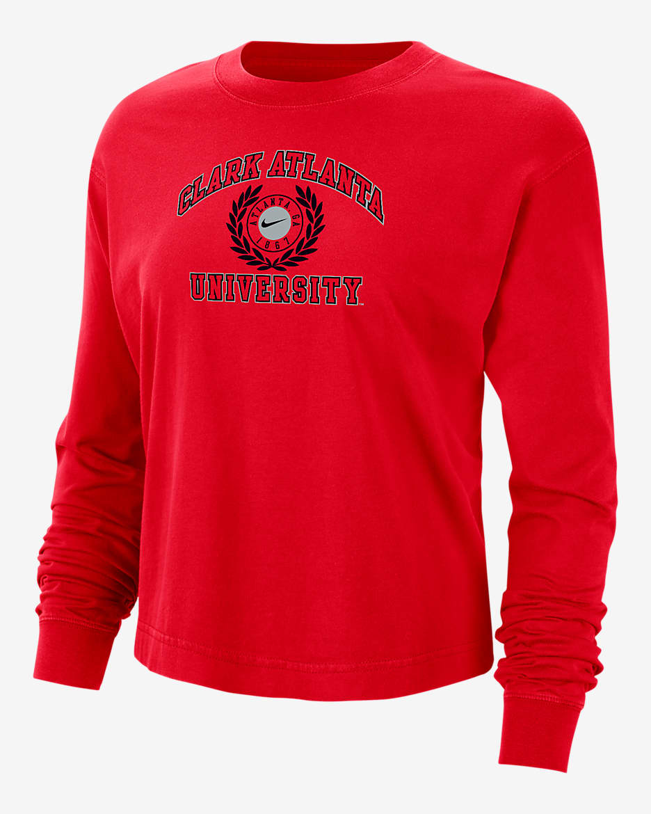 Playera de manga larga universitaria Nike de corte cuadrado para mujer Clark Atlanta - Rojo universitario