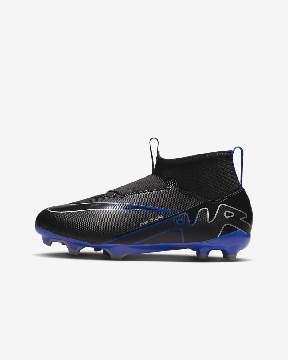 Tacos de fútbol de corte high para terrenos múltiples para niños de preescolar y grandes Nike Jr. Mercurial Superfly 9 Academy - Negro/Hiperroyal/Cromo