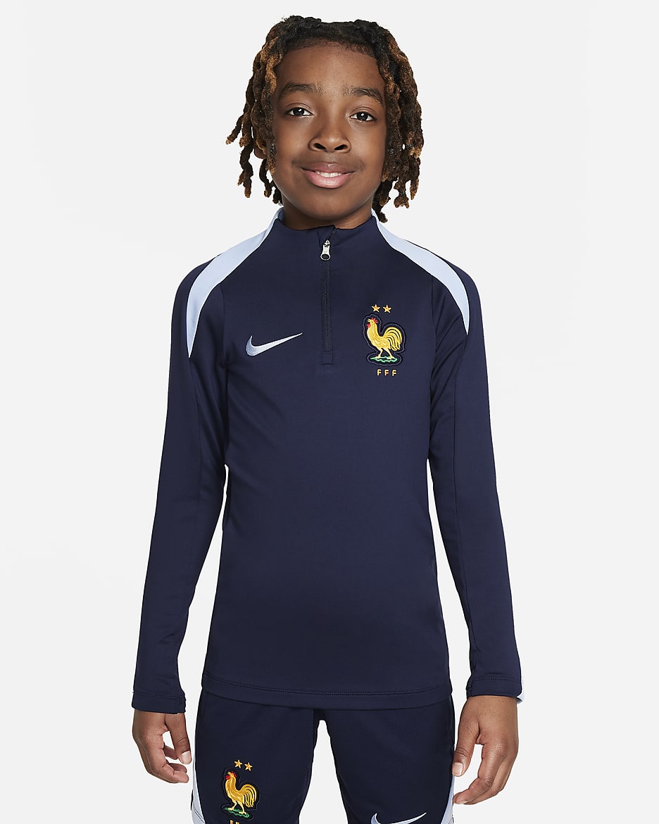 FFF Strike Nike Dri-FIT-fodboldtræningstrøje til større børn - Blackened Blue/Cobalt Bliss/Cobalt Bliss