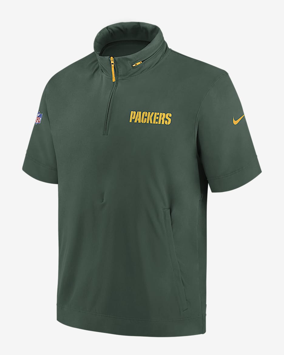 Green Bay Packers Sideline Coach Men's Nike NFL 1/2-Zip Short-Sleeve Hooded Jacket - Fir
