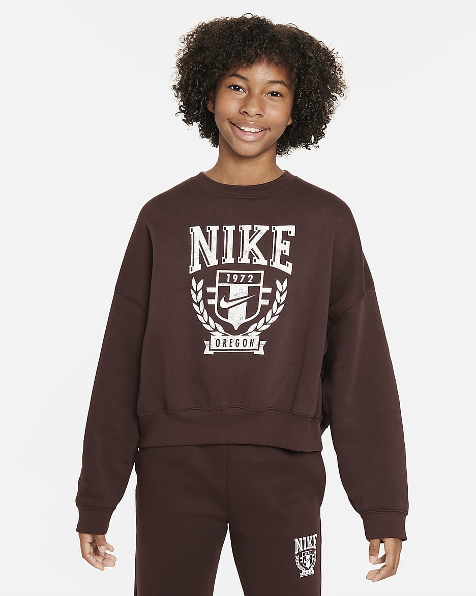 Nike Sportswear Big Kids' (Girls') Oversized Fleece Crew-Neck Sweatshirt - Earth