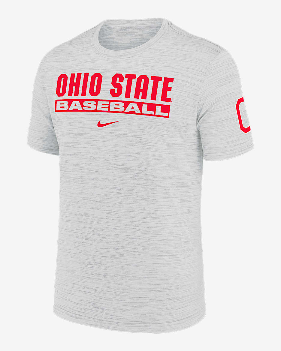 Playera universitaria Nike Dri-FIT para hombre Ohio State Buckeyes Velocity Baseball Wordmark Stack - Blanco