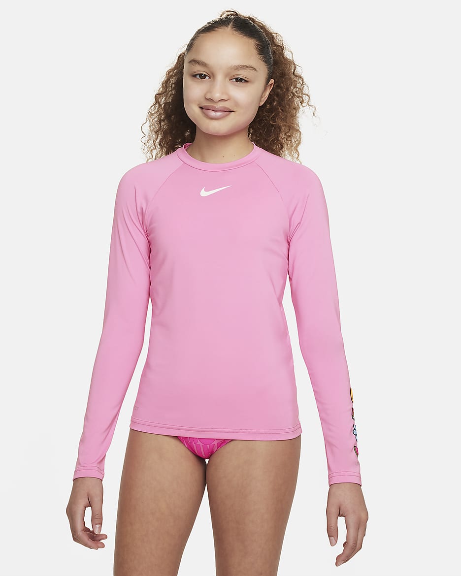 Playera Hydroguard de manga larga para niña talla grande Nike Swim Charms - Rosa alegre