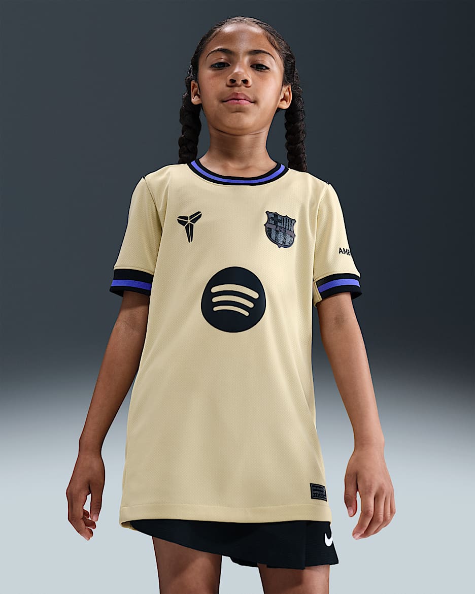 FC Barcelona 2025/26 Stadium Away Kobe Replika-Fußballtrikot mit Dri-FIT-Technologie (ältere Kinder) - Team Gold/Team Gold/Persian Violet/Schwarz