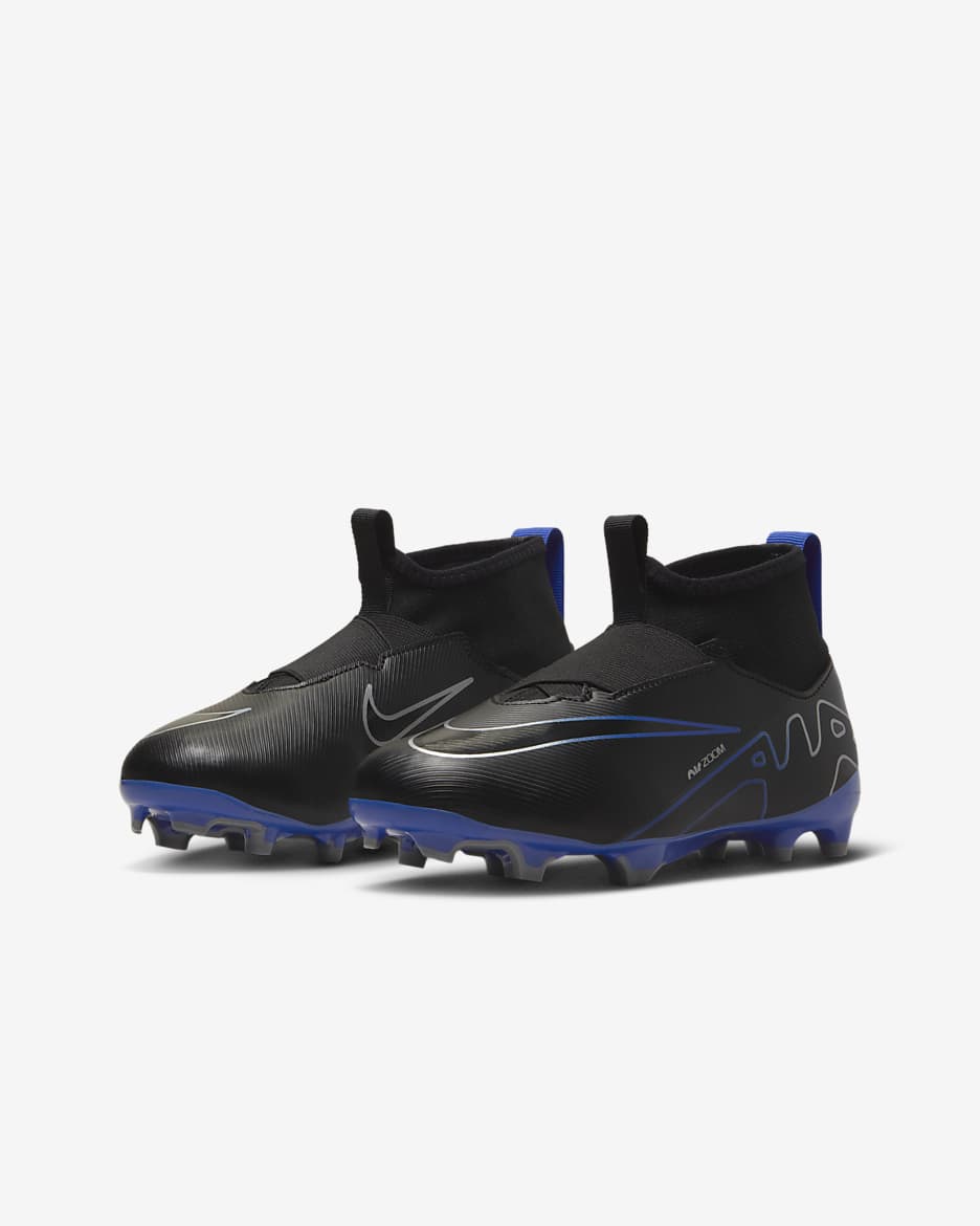 Tacos de fútbol de corte high para terrenos múltiples para niños de preescolar y grandes Nike Jr. Mercurial Superfly 9 Academy - Negro/Hiperroyal/Cromo