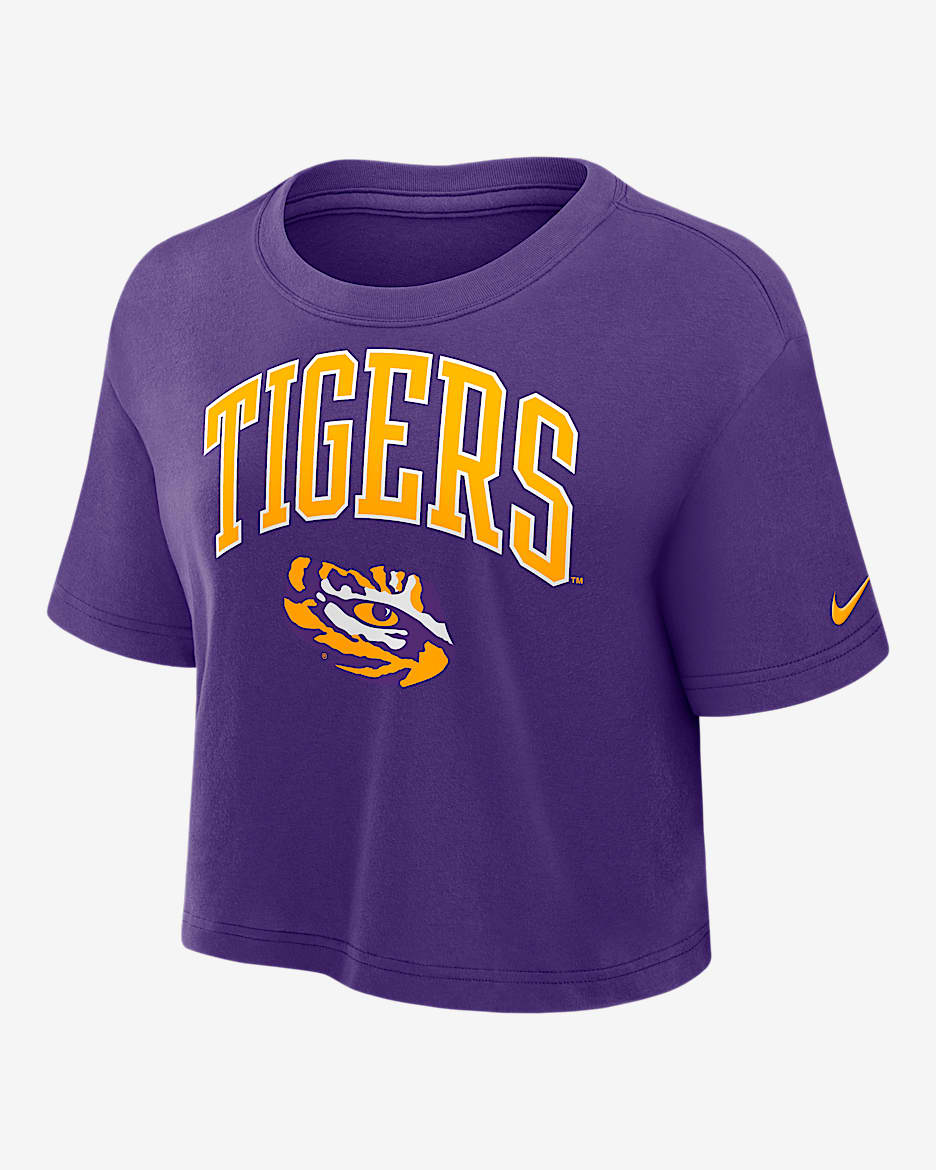 Playera universitaria Nike Dri-FIT cropped para mujer LSU Athletic Prep Arch - Morado