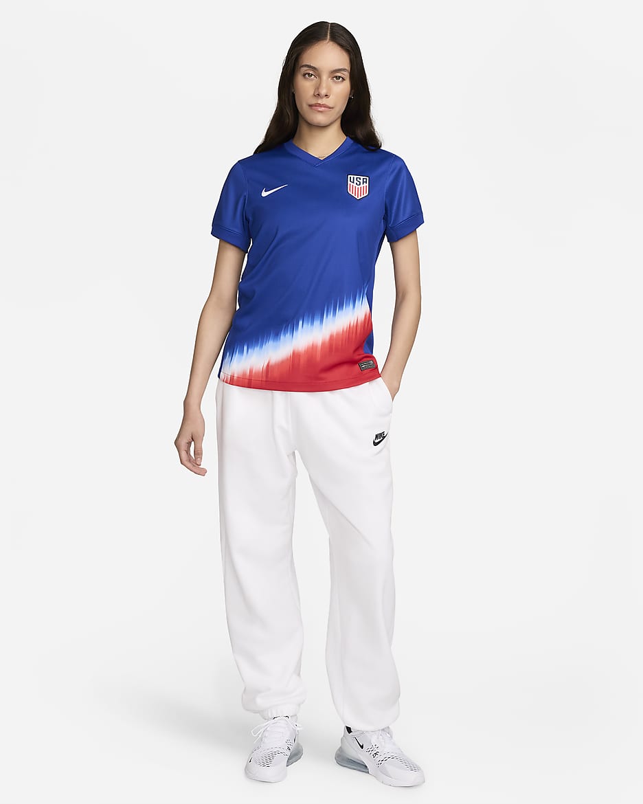 Jersey de fútbol Nike Dri-FIT Replica del USWNT visitante 2024 Stadium para mujer - Azul eléctrico/Blanco/Blanco