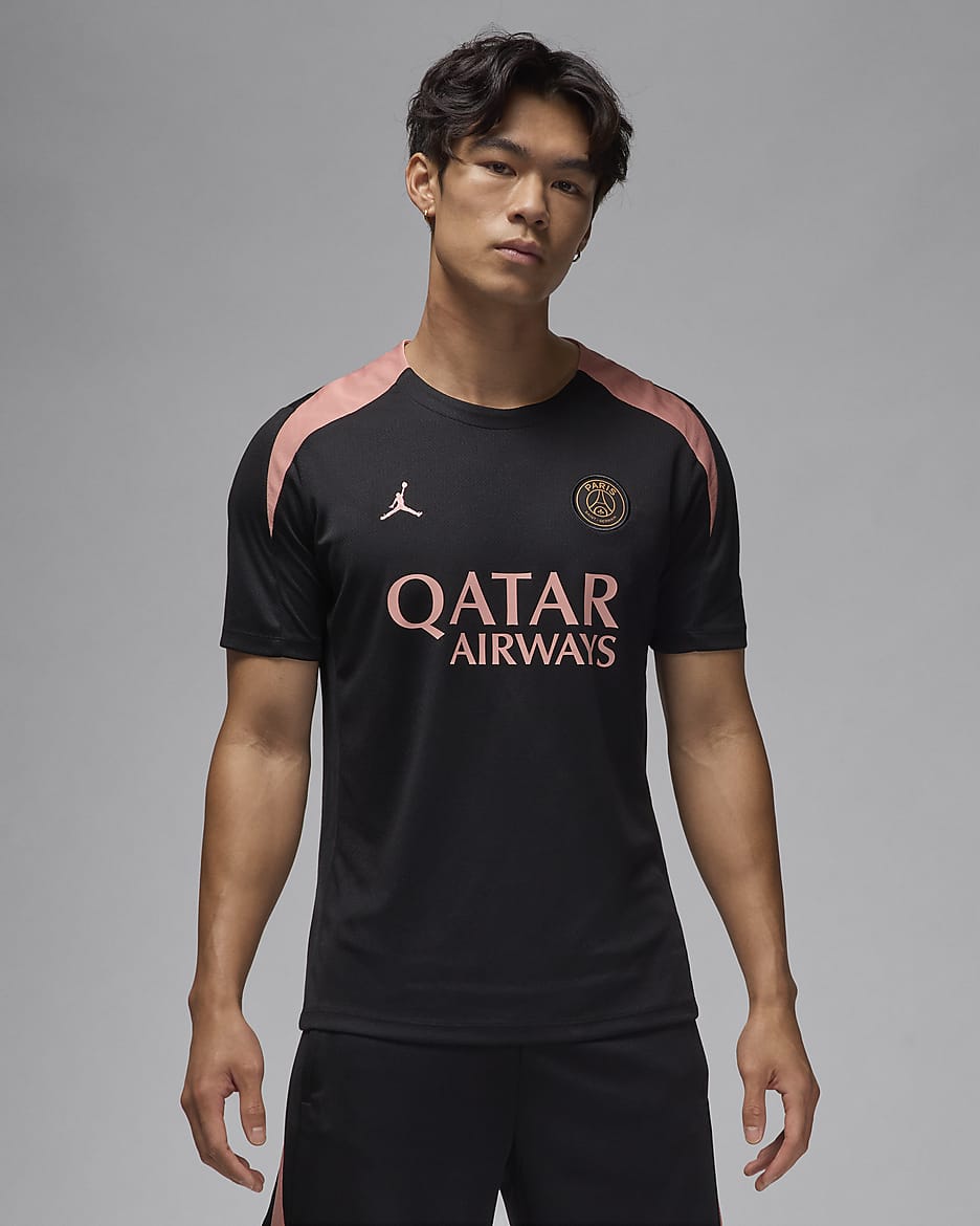 Męska koszulka piłkarska z dzianiny z krótkim rękawem Jordan Dri-FIT Paris Saint-Germain Strike (wersja trzecia) - Czerń/Czerń/Rust Pink/Rust Pink