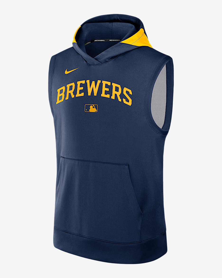 Sudadera con gorro sin cierre ni mangas Nike Dri-FIT de la MLB para hombre Milwaukee Brewers Authentic Collection - Azul marino