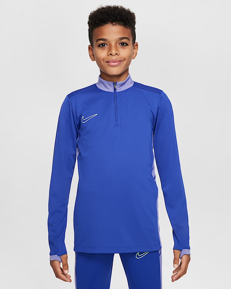 Maglia da calcio per allenamento Dri-FIT a manica lunga con zip a 1/4 Nike Academy – Ragazzo/a - Deep Night/Dusty Amethyst/Barely Volt