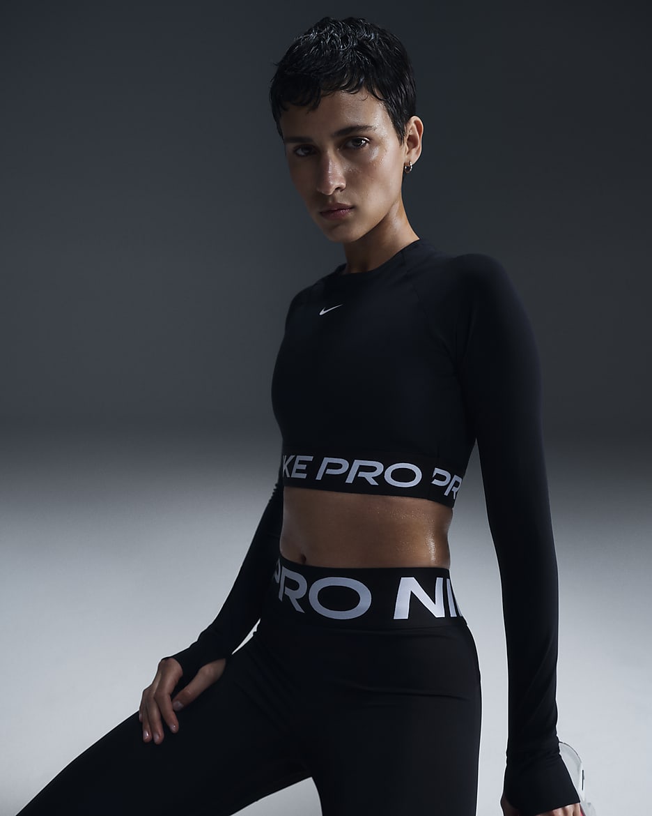 Haut court à manches longues Dri-FIT Nike Pro pour femme - Noir/Blanc