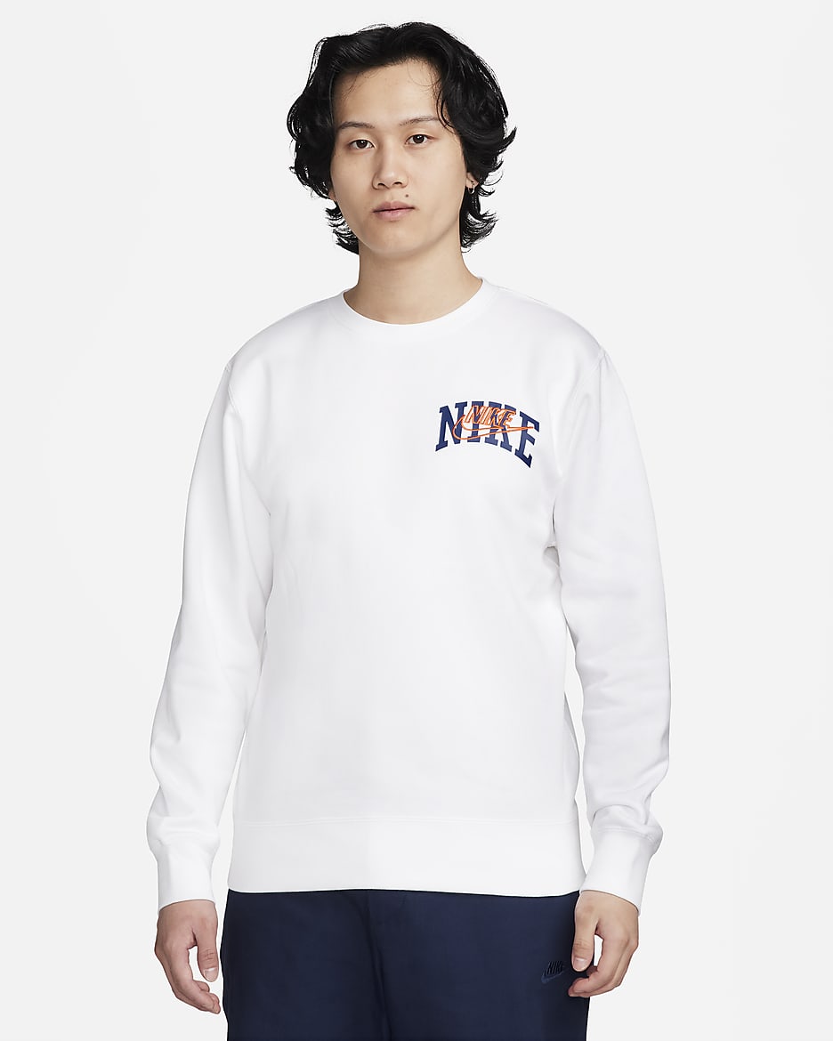 Nike Club Fleece Men's Long-Sleeve Crew-Neck Sweatshirt - White/Safety Orange