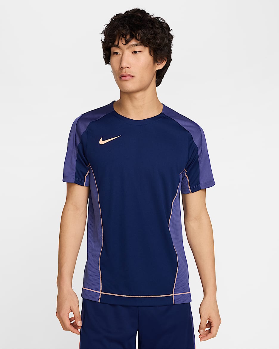 เสื้อฟุตบอลผู้ชาย Dri-FIT Nike Strike+ - Blue Void/Dark Purple Dust/Orange Pulse/Orange Pulse