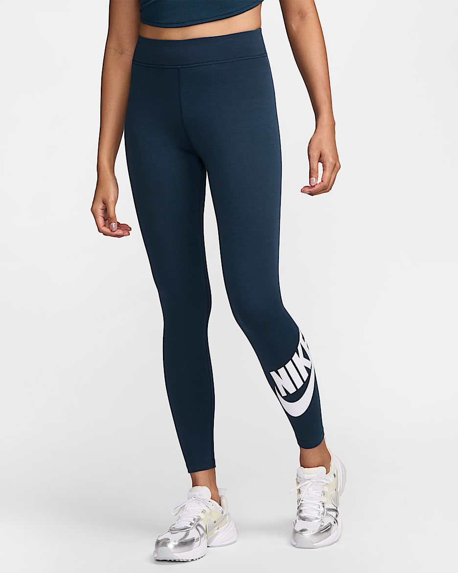 Nike Sportswear 經典女款高腰圖樣內搭褲 - Armory Navy/白色