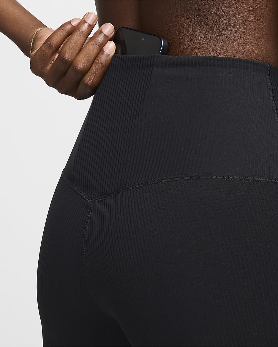 Nike Zenvy Rib-leggings i fuld længde med vide ben, let støtte og høj talje til kvinder - sort/sort