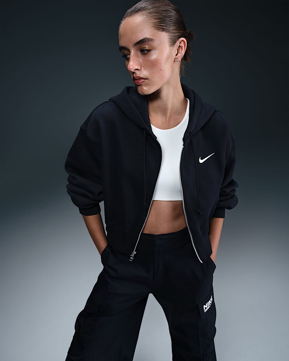 Damska bluza z kapturem o luźnym skróconym kroju z zamkiem na całej długości Nike Sportswear Phoenix Fleece - Czerń/Sail