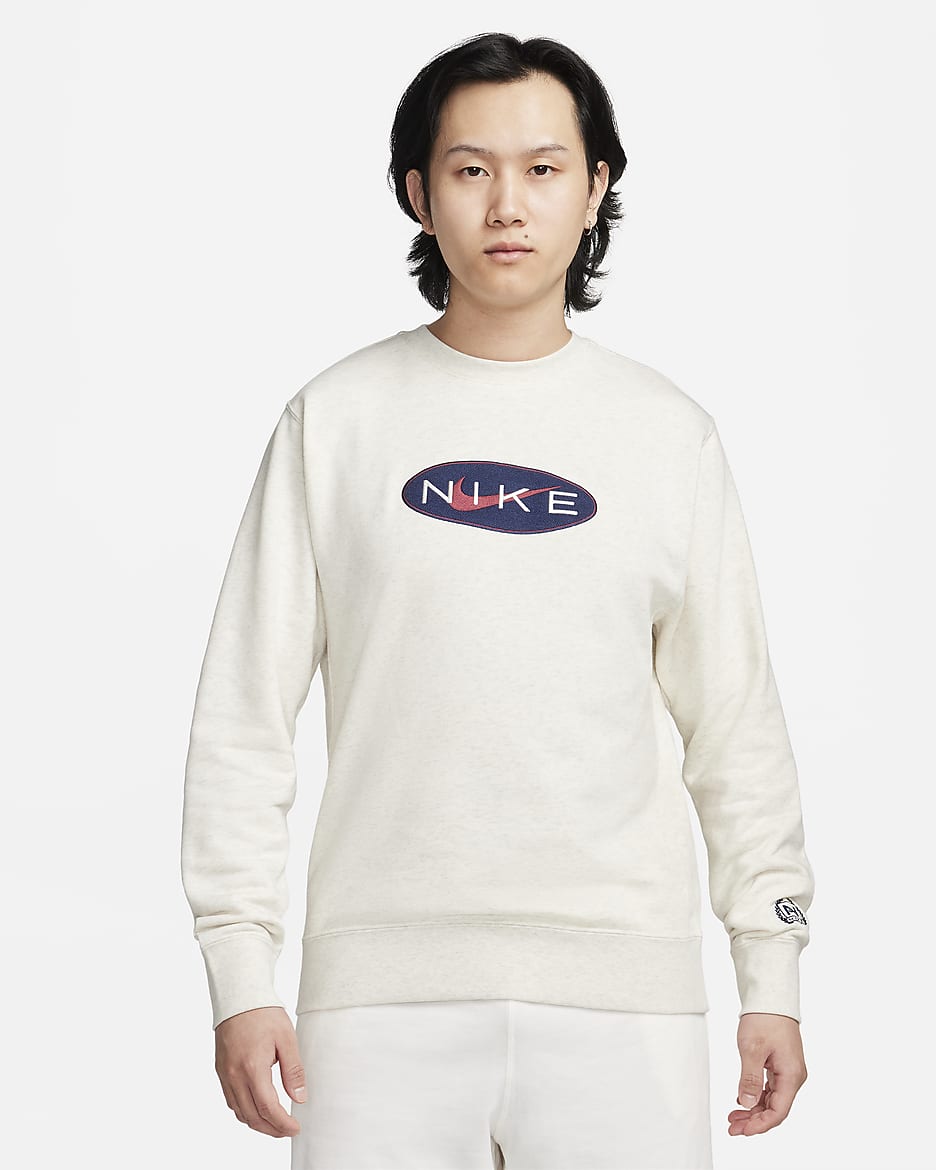 Nike Sportswear Men's French Terry Crewneck Sweatshirt - Oatmeal Heather/Midnight Navy/Oatmeal