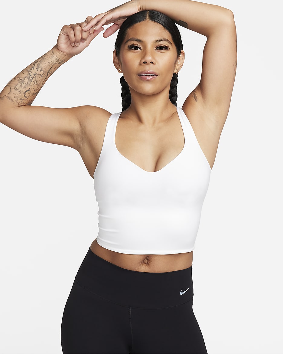 Camiseta de tirantes con bra deportivo de sujeción media con almohadillas para mujer Nike Alate - Blanco/Malva piedra/Gris azulado