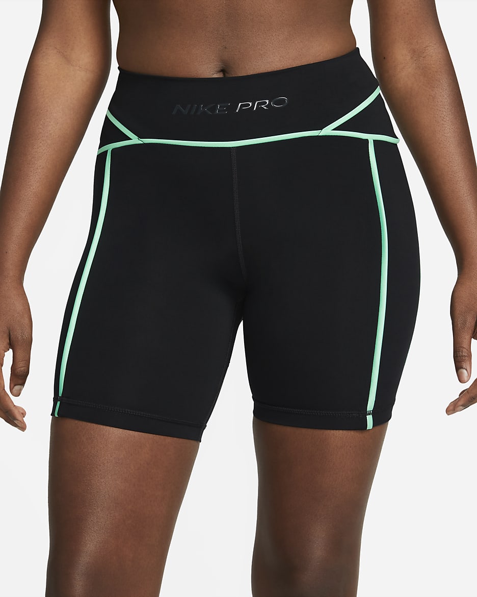 Nike Pro Women's Mid-Rise 7" Biker Shorts - Black/Green Glow/Dark Smoke Grey