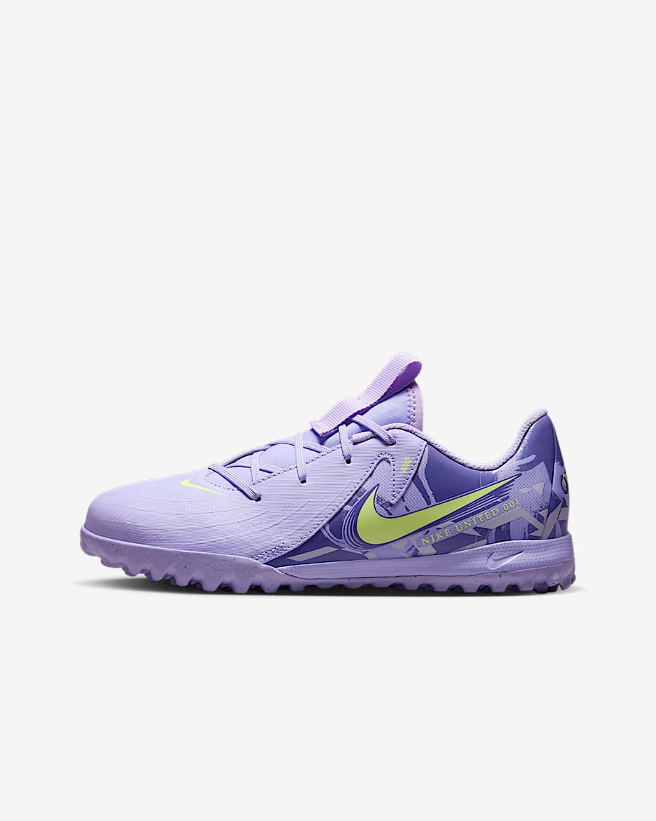 Tacos de fútbol TF de corte low para niños grandes Nike United Jr. Phantom GX 2 Academy - Ágata morado/Voltio ligero