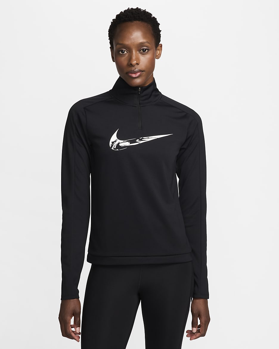 Nike Swoosh Dri-FIT rövid cipzáras női aláöltözet futáshoz - Fekete/Fehér