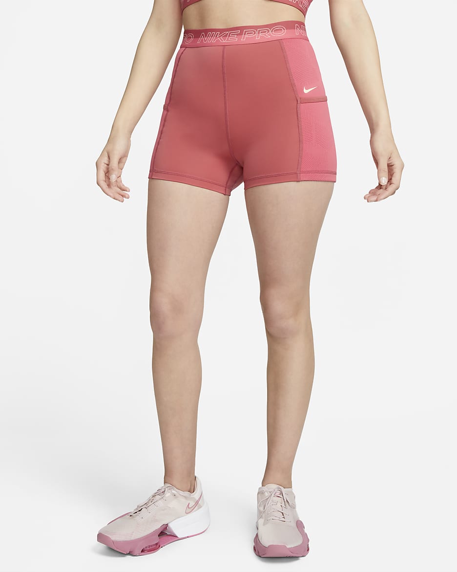 Nike Pro Women's High-Waisted 3" Training Shorts with Pockets - Adobe/Sea Coral/Coconut Milk/Coconut Milk