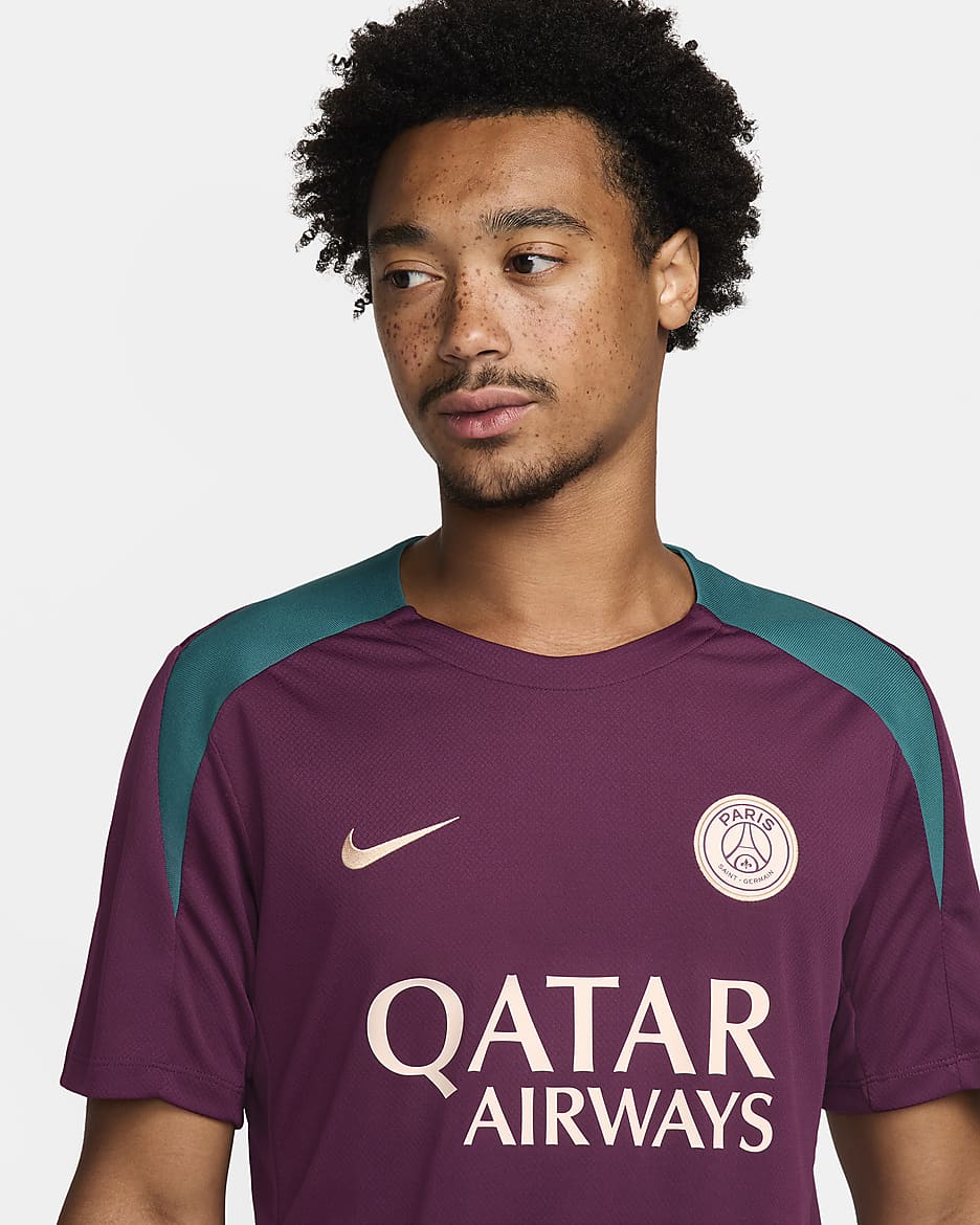 Paris Saint-Germain Strike Men's Nike Dri-FIT Soccer Short-Sleeve Knit Top - Bordeaux/Bordeaux/Geode Teal/Guava Ice