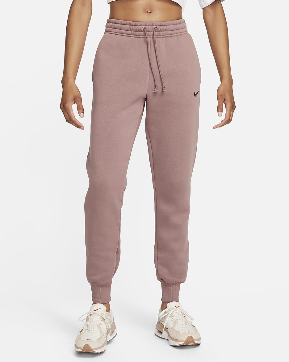 Damskie spodnie dresowe ze średnim stanem Nike Sportswear Phoenix Fleece - Smokey Mauve/Czerń