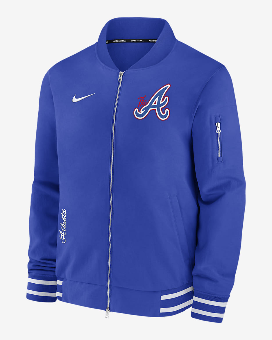 Chamarra bomber Nike de la MLB con cierre completo para hombre Atlanta Braves Authentic Collection City Connect Game Time - Royal