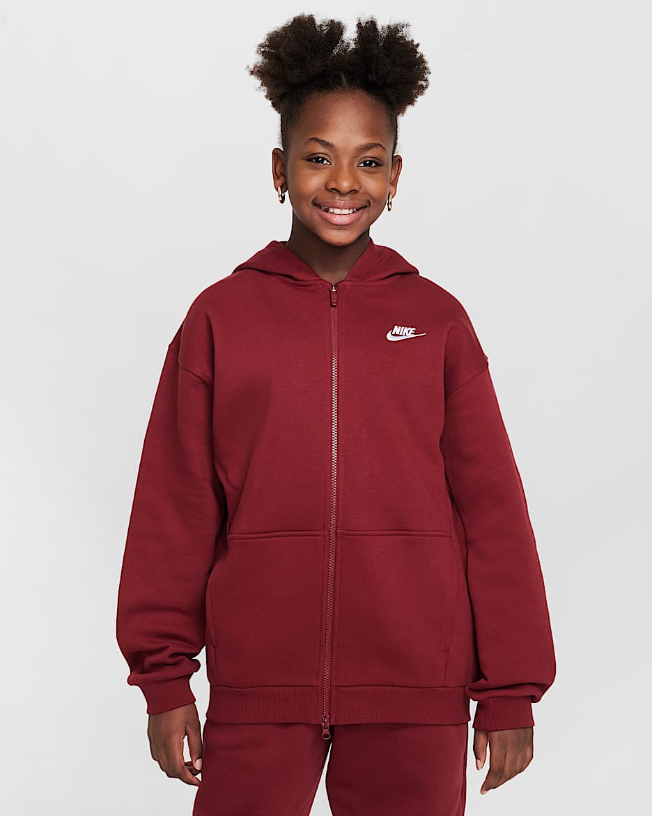 Nike Sportswear Club Fleece Older Kids' Oversized Full-Zip Hoodie - Team Red/White
