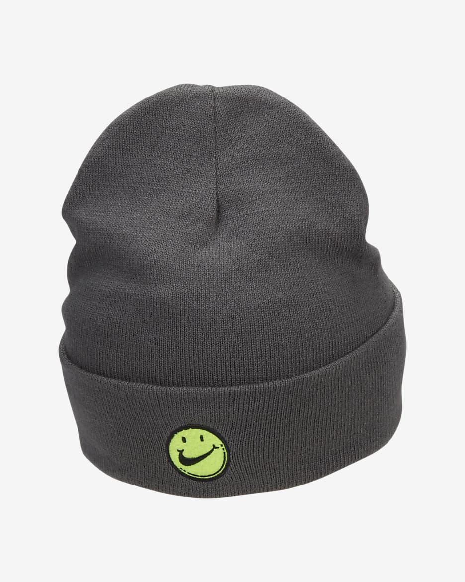 Nike Peak omkeerbare beanie met hoge boord en smiley voor kids - Iron Grey/Volt/Volt