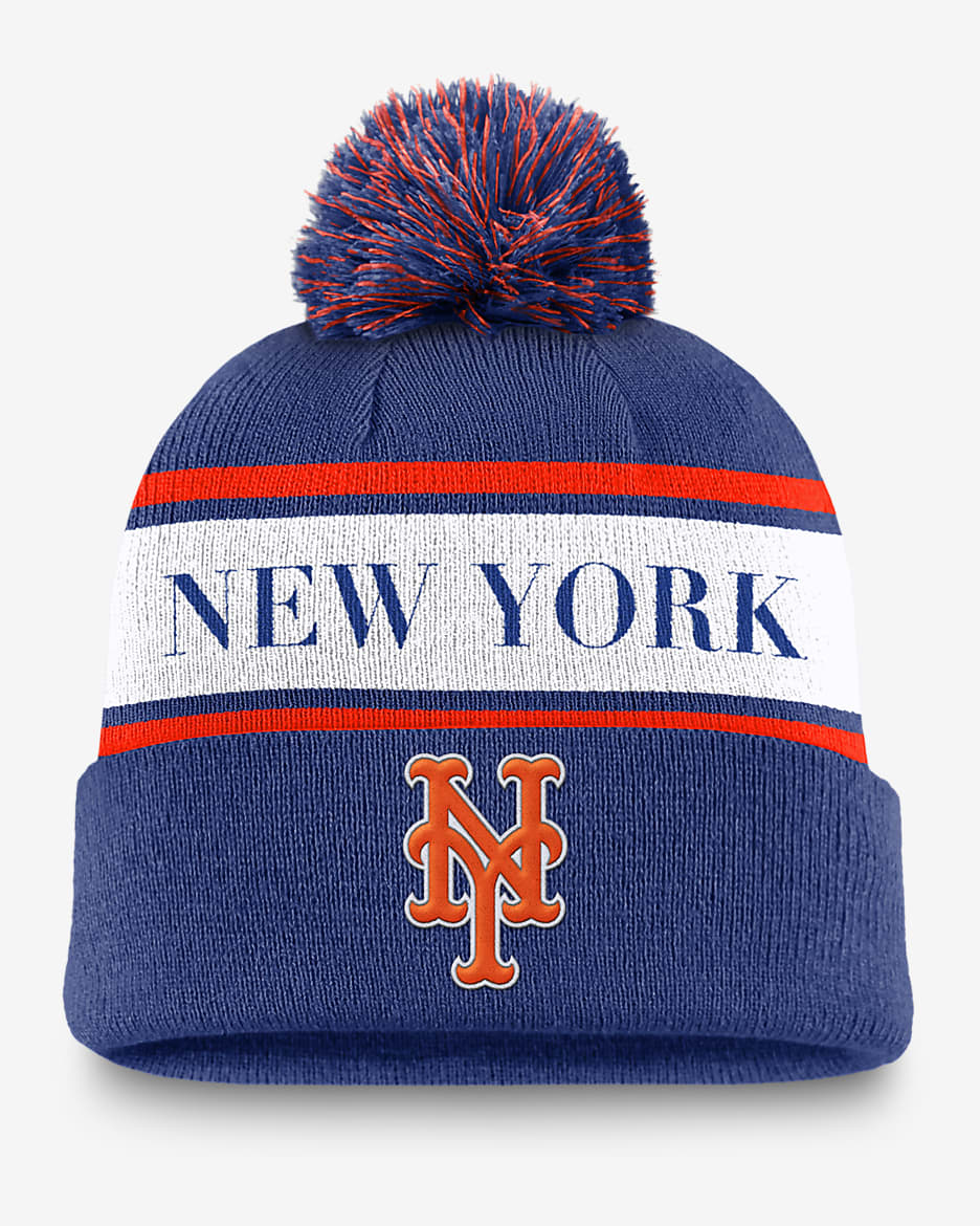 New York Mets Team Stripe Peak Men's Nike MLB Cuffed Pom Beanie - Royal