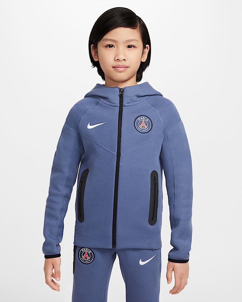 Hoodie de futebol de lã cardada com fecho completo Nike Tech Paris Saint-Germain Júnior (Rapaz) - Azul Diffused/Branco