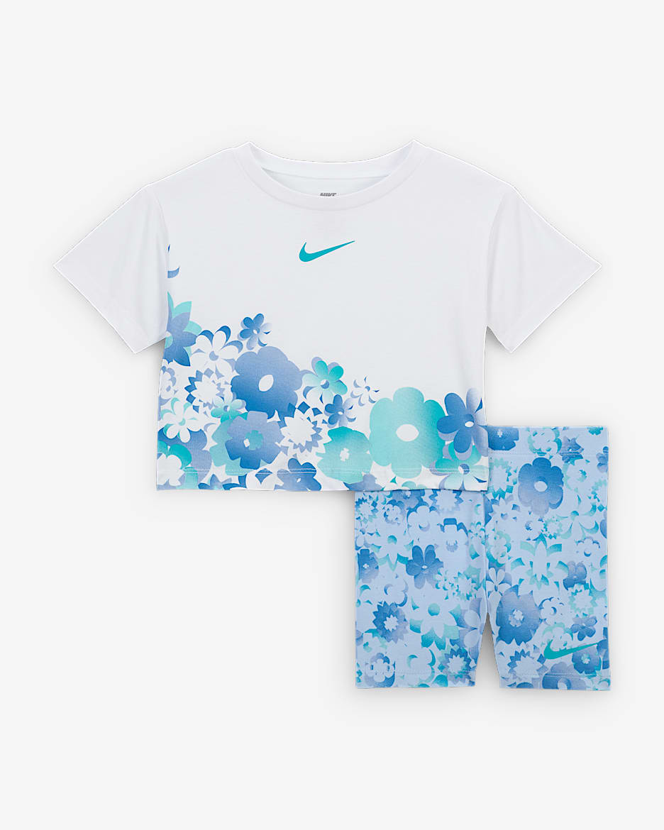 Tvådelat set Nike Flow-Ral med mönstrade cykelshorts för baby (12–24 mån) - Blue Tint